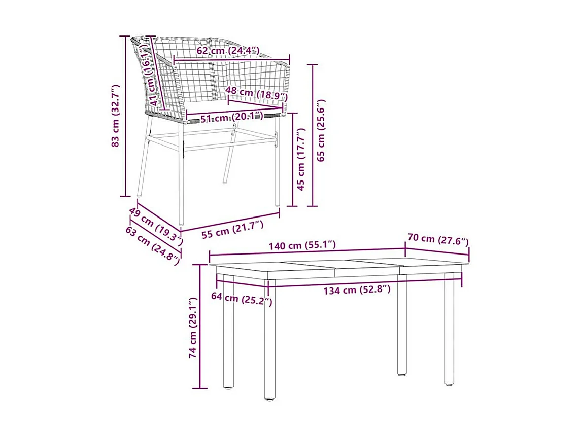 Ensemble à manger jardin coussins 5pcs marron poly rotin verre