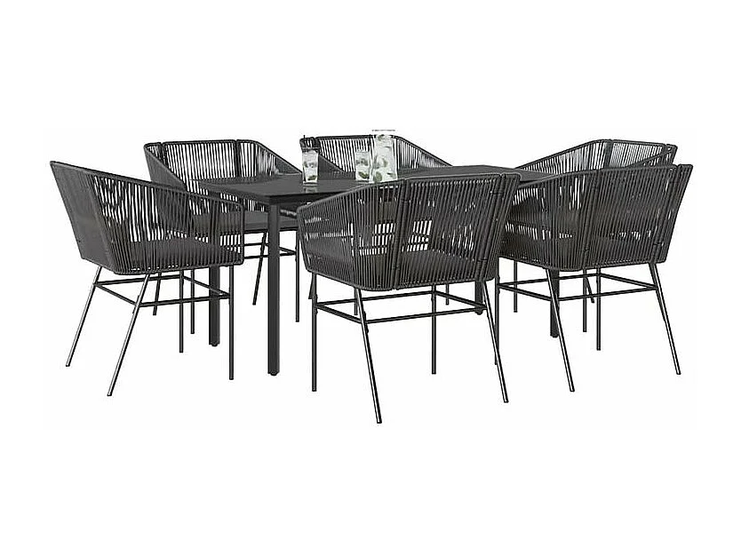 Ensemble à manger de jardin coussins 7pcs noir poly rotin verre