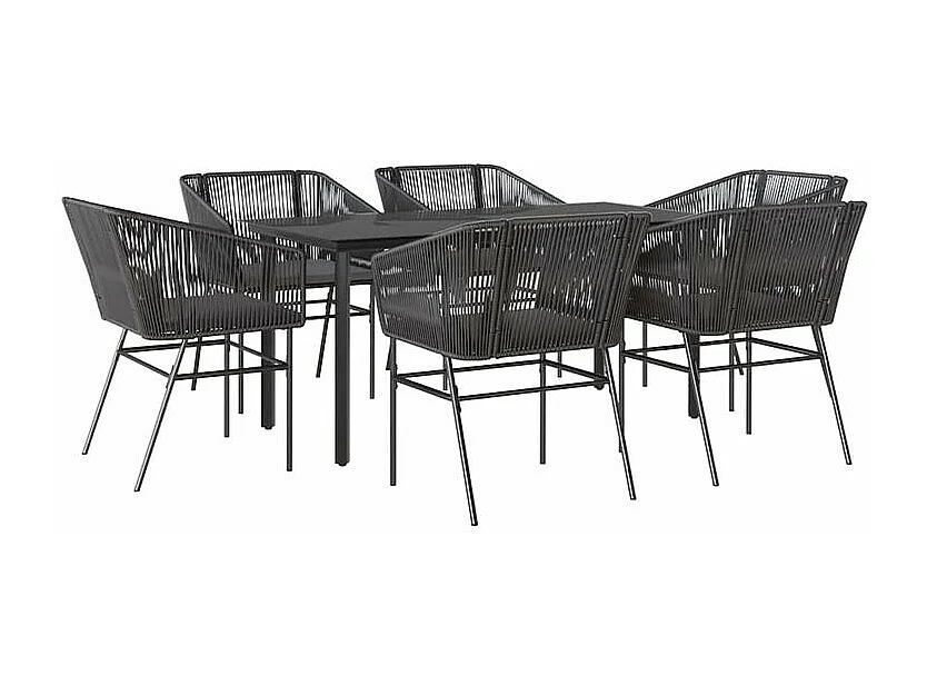Ensemble à manger de jardin coussins 7pcs noir poly rotin verre