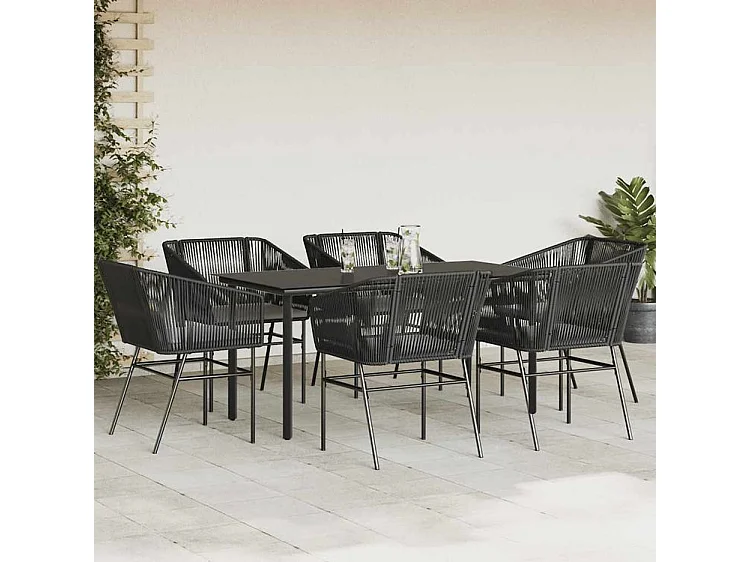 Ensemble à manger de jardin coussins 7pcs noir poly rotin verre