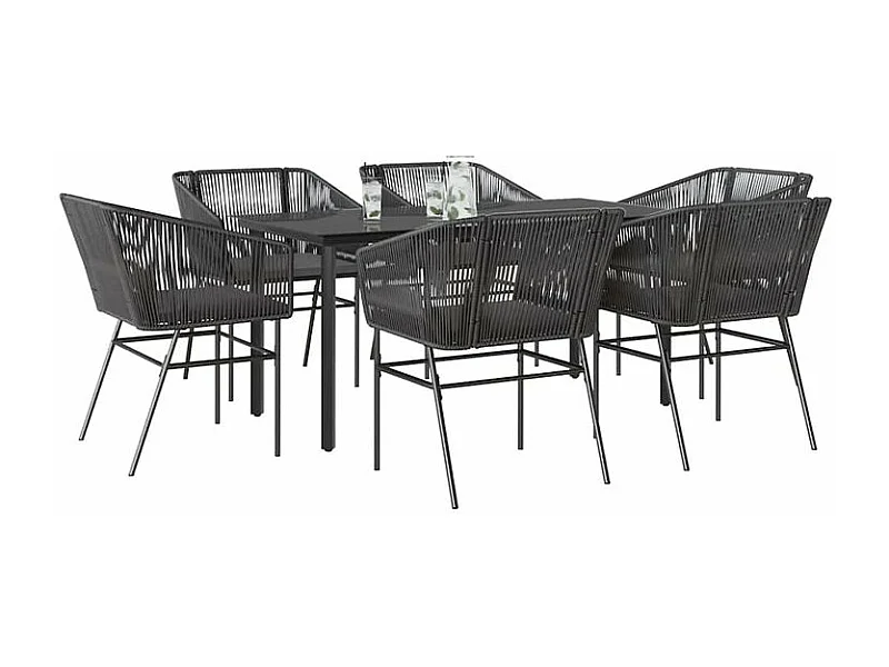 Ensemble à manger de jardin coussins 7pcs noir poly rotin verre
