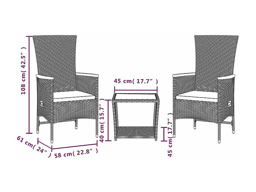 Ensemble à manger de jardin avec coussins 3 pcs Noir