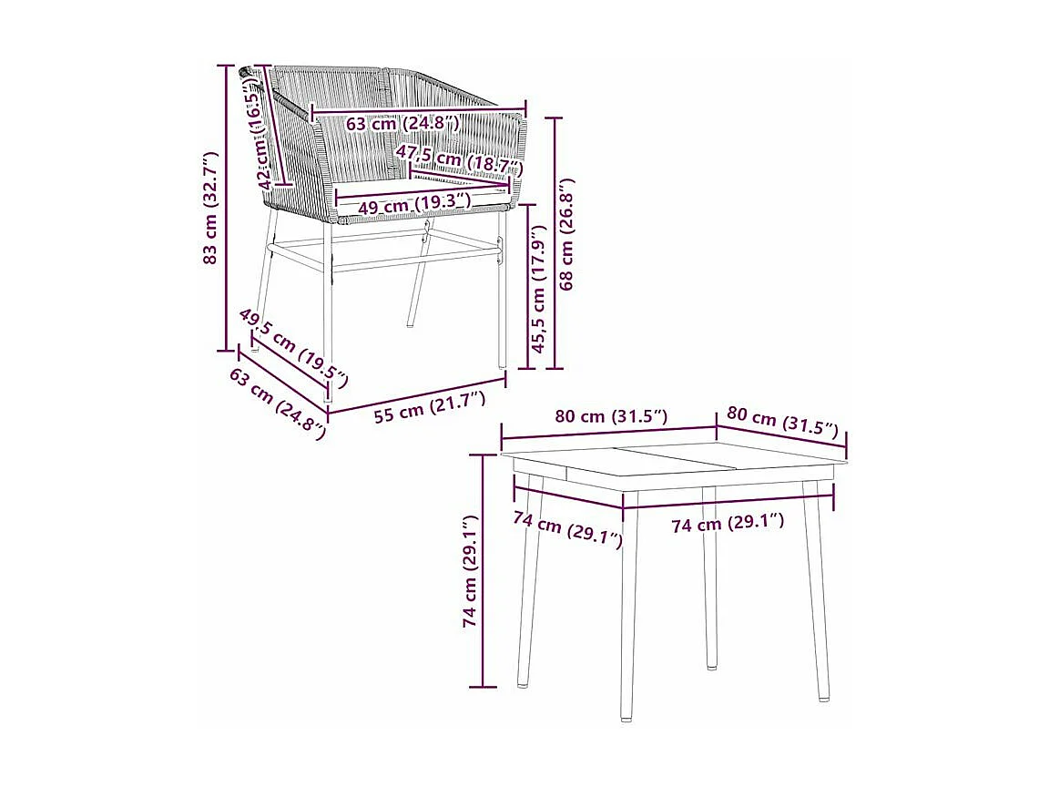 Ensemble à manger jardin coussins 5pcs marron poly rotin verre