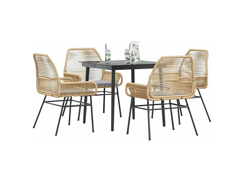 Ensemble à manger jardin coussins 5pcs marron poly rotin verre