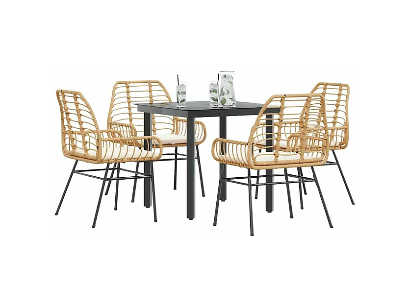 Ensemble à manger jardin coussins 5pcs marron poly rotin verre