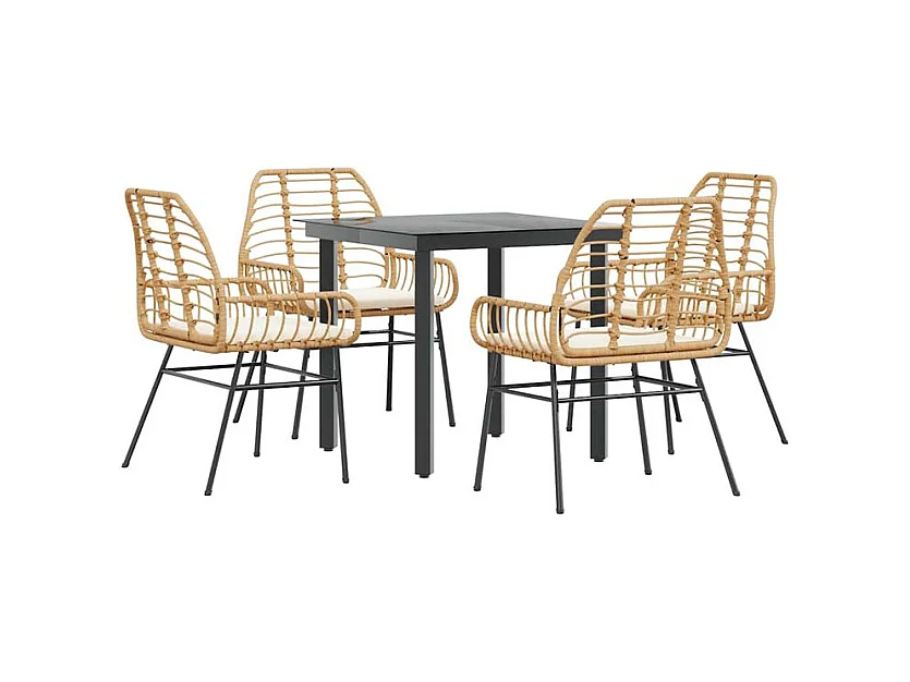 Ensemble à manger jardin coussins 5pcs marron poly rotin verre