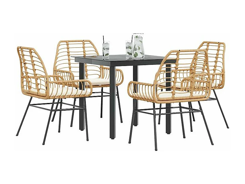 Ensemble à manger jardin coussins 5pcs marron poly rotin verre