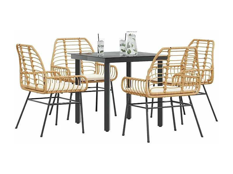 Ensemble à manger jardin coussins 5pcs marron poly rotin verre