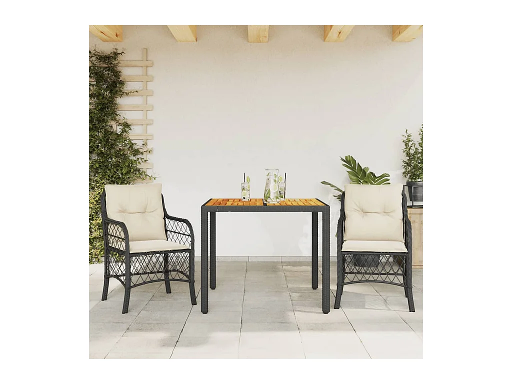 Ensemble de bistro 3 pcs avec coussins noir résine tressée