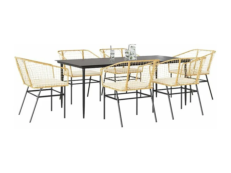 Ensemble à manger jardin coussins 7pcs marron poly rotin verre