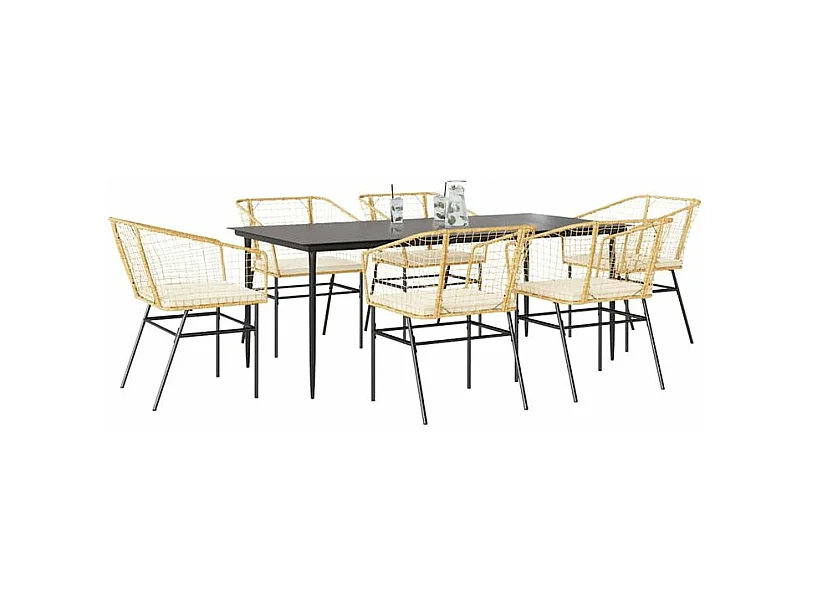 Ensemble à manger jardin coussins 7pcs marron poly rotin verre