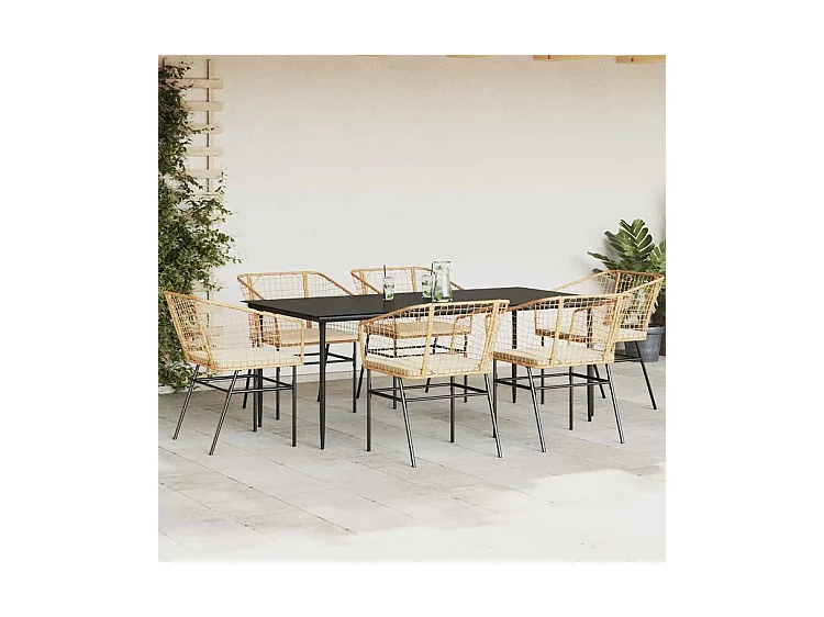 Ensemble à manger jardin coussins 7pcs marron poly rotin verre