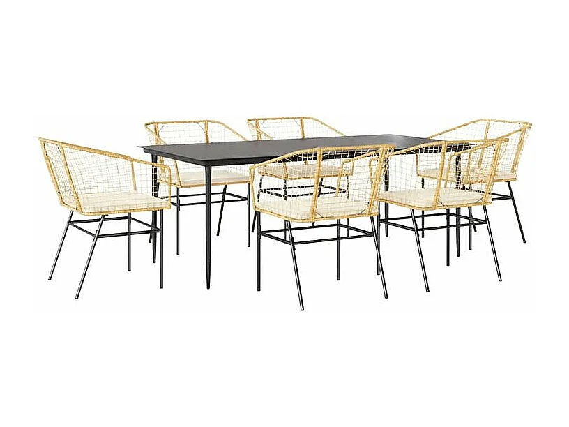 Ensemble à manger jardin coussins 7pcs marron poly rotin verre