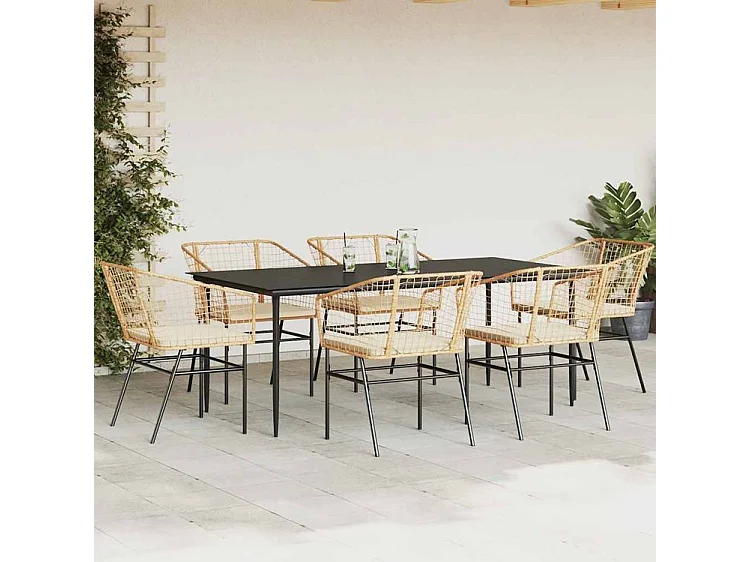 Ensemble à manger jardin coussins 7pcs marron poly rotin verre