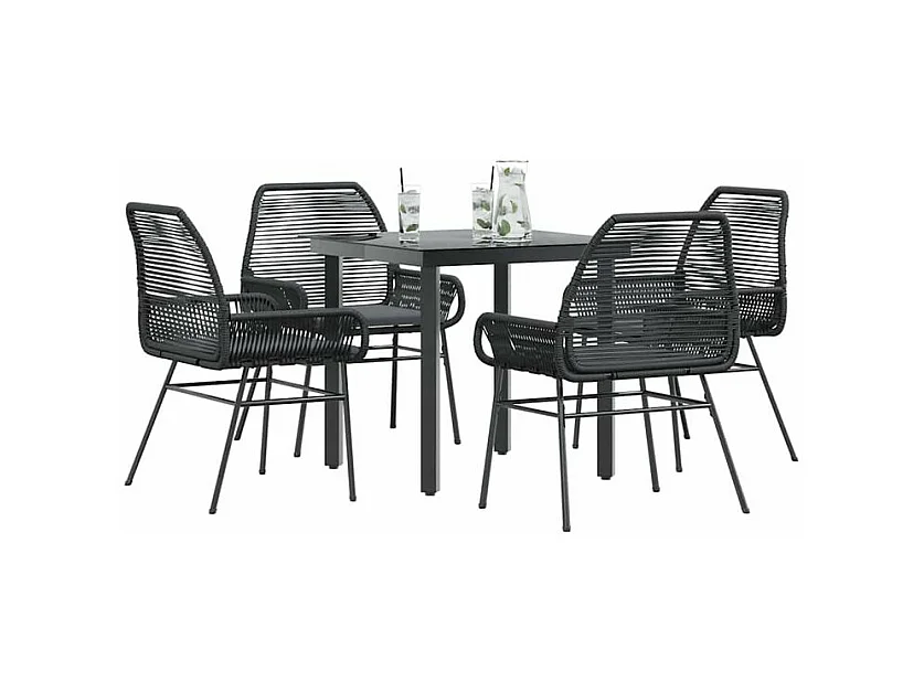 Ensemble à manger de jardin et coussins 5 pcs noir rotin verre