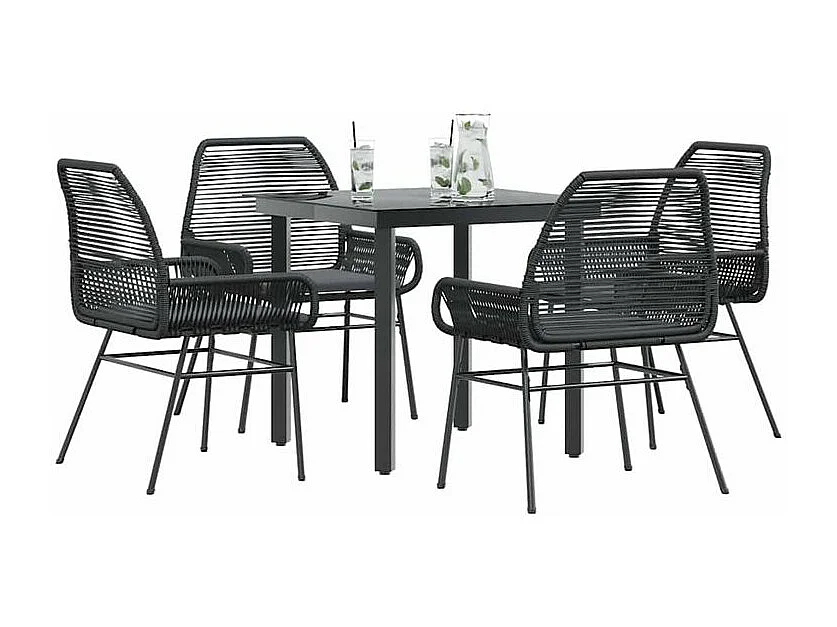 Ensemble à manger de jardin et coussins 5 pcs noir rotin verre