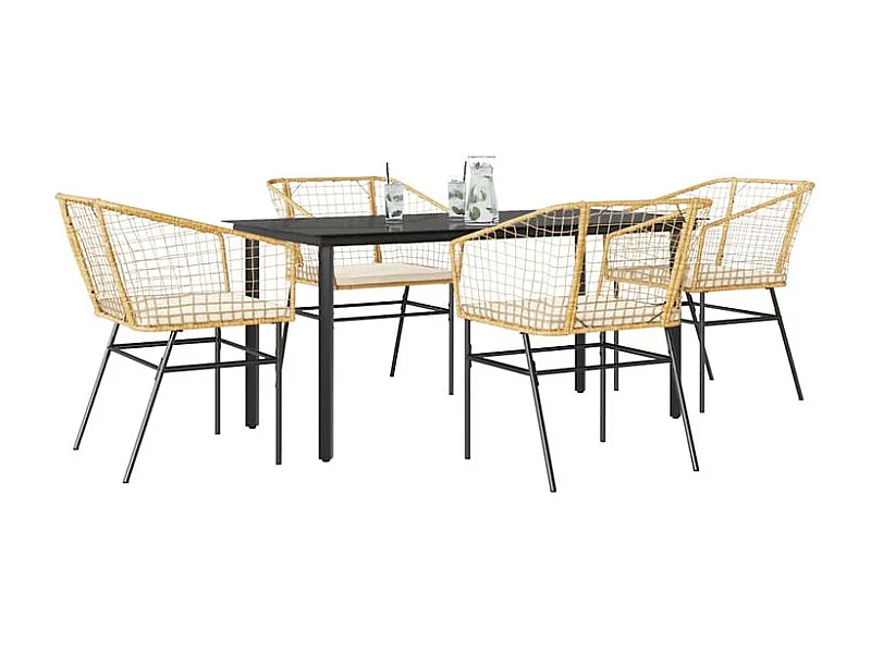 Ensemble à manger jardin coussins 5pcs marron poly rotin verre