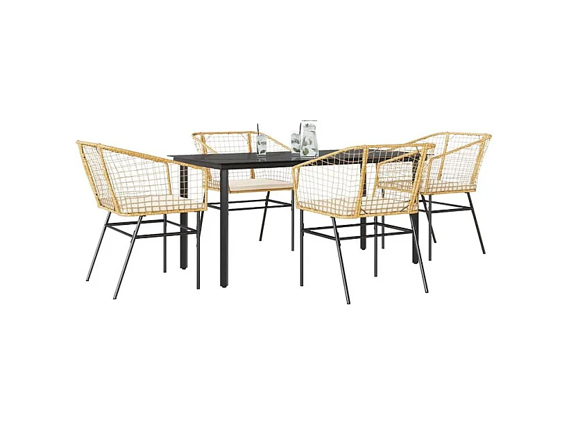 Ensemble à manger jardin coussins 5pcs marron poly rotin verre