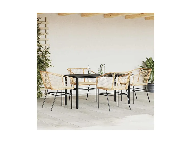 Ensemble à manger jardin coussins 5pcs marron poly rotin verre