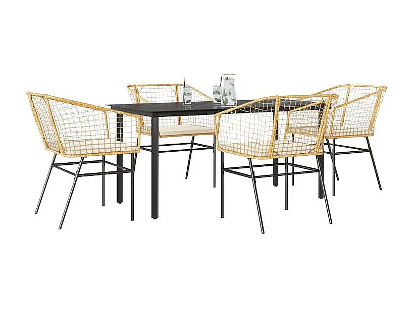 Ensemble à manger jardin coussins 5pcs marron poly rotin verre