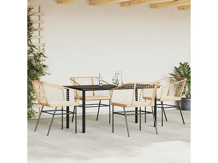 Ensemble à manger jardin coussins 5pcs marron poly rotin verre