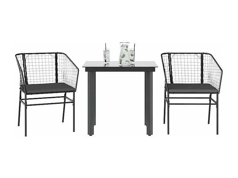 Ensemble à manger de jardin et coussins 3 pcs noir rotin verre