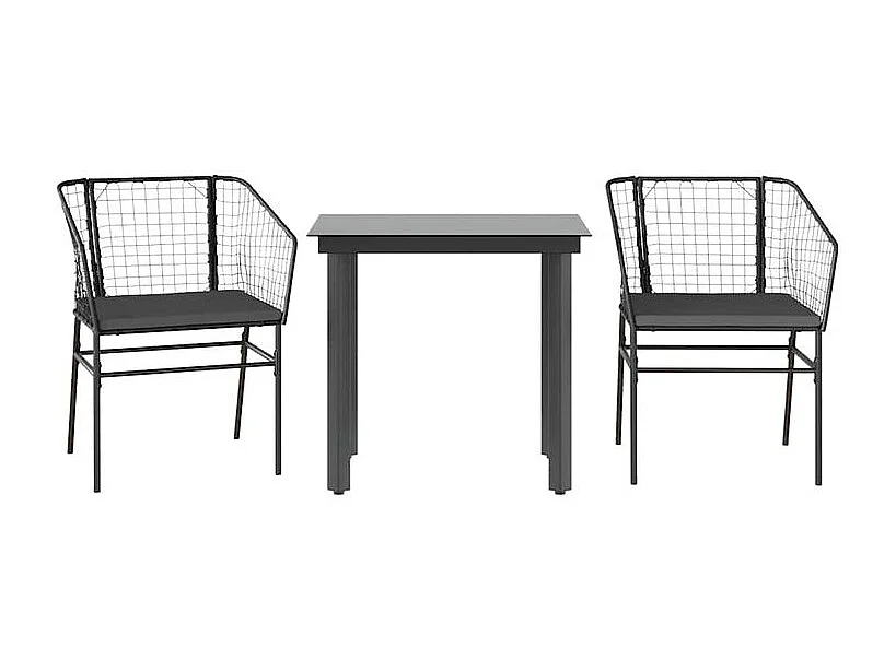 Ensemble à manger de jardin et coussins 3 pcs noir rotin verre