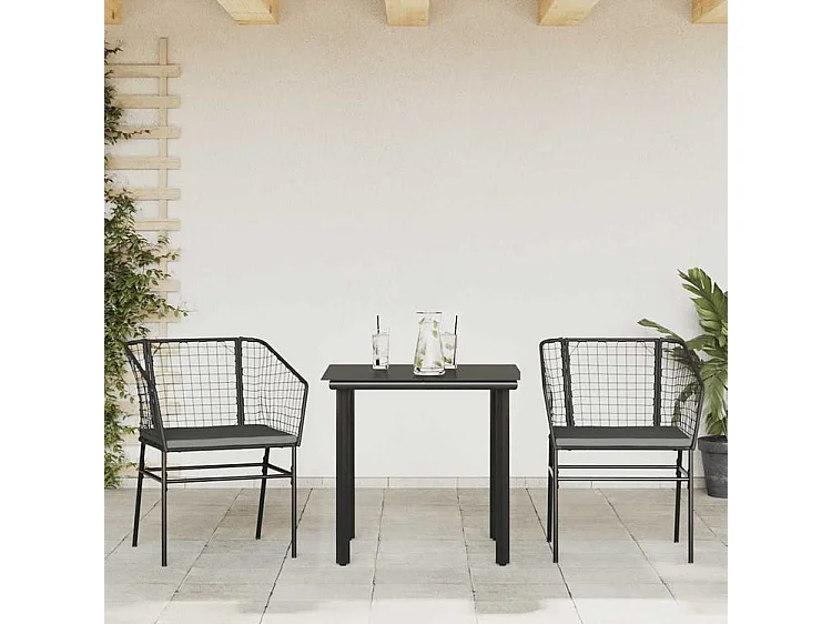 Ensemble à manger de jardin et coussins 3 pcs noir rotin verre