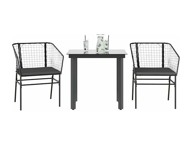 Ensemble à manger de jardin et coussins 3 pcs noir rotin verre