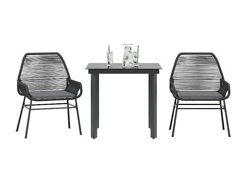 Ensemble à manger de jardin et coussins 3 pcs noir rotin verre