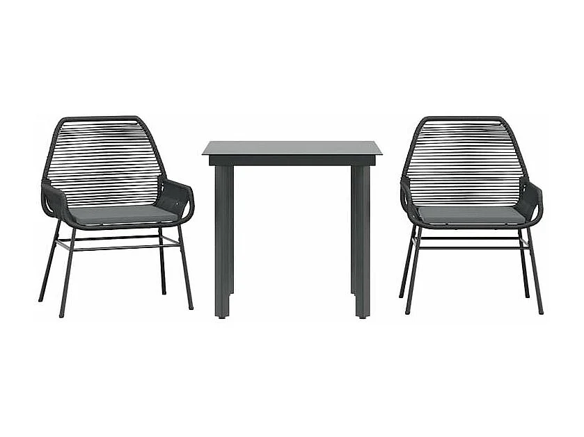 Ensemble à manger de jardin et coussins 3 pcs noir rotin verre