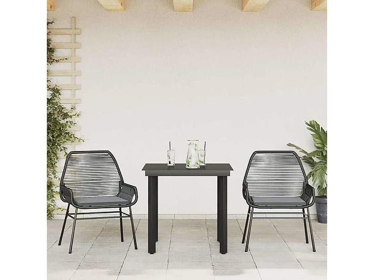 Ensemble à manger de jardin et coussins 3 pcs noir rotin verre
