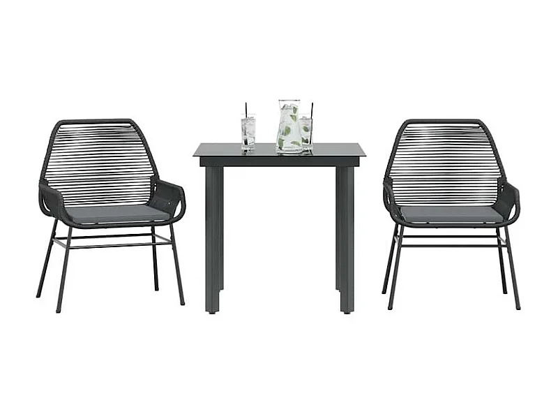 Ensemble à manger de jardin et coussins 3 pcs noir rotin verre