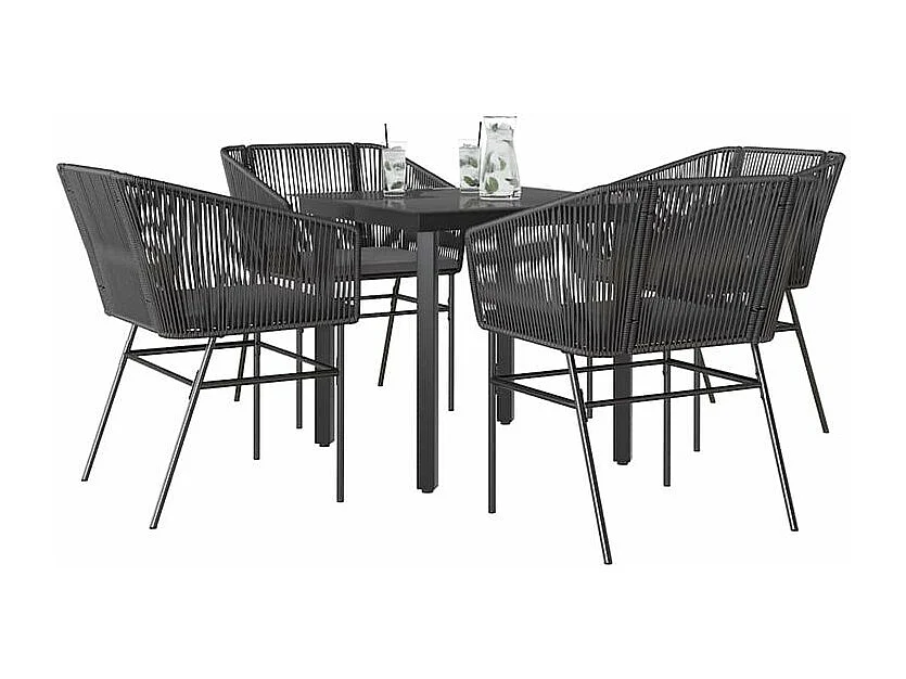 Ensemble à manger de jardin et coussins 5 pcs noir rotin verre