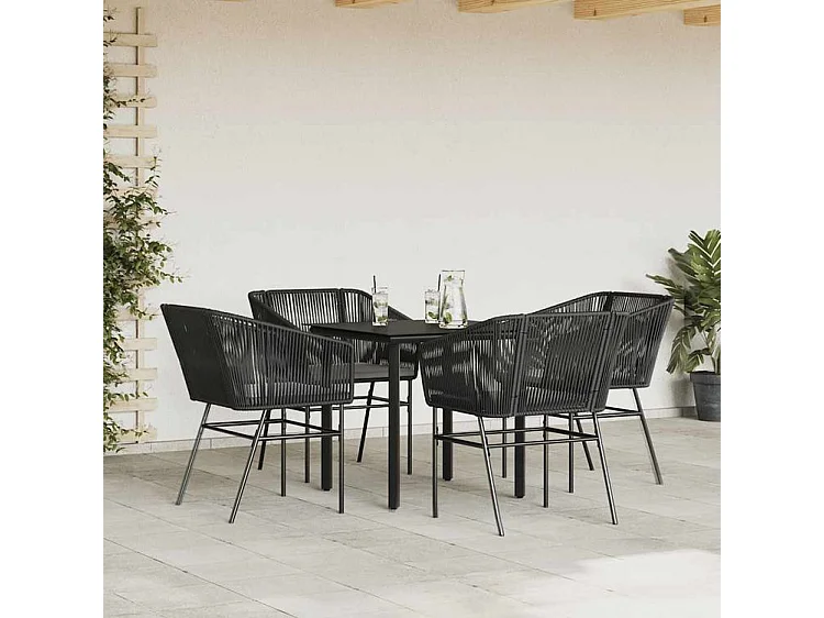 Ensemble à manger de jardin et coussins 5 pcs noir rotin verre
