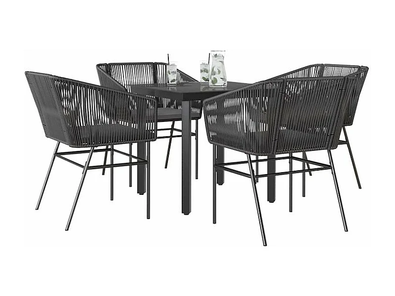 Ensemble à manger de jardin et coussins 5 pcs noir rotin verre