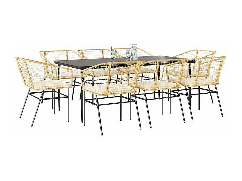 Ensemble à manger jardin coussins 9pcs marron poly rotin verre
