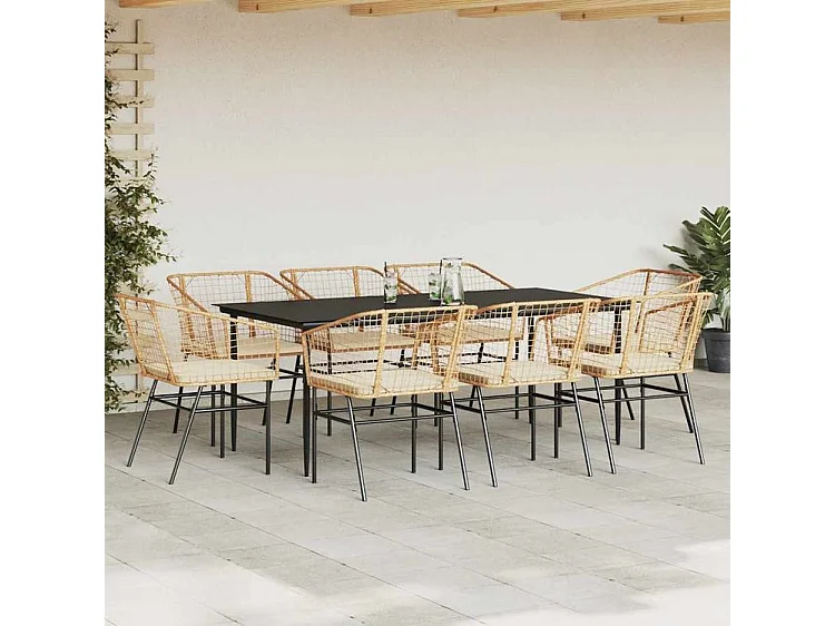 Ensemble à manger jardin coussins 9pcs marron poly rotin verre