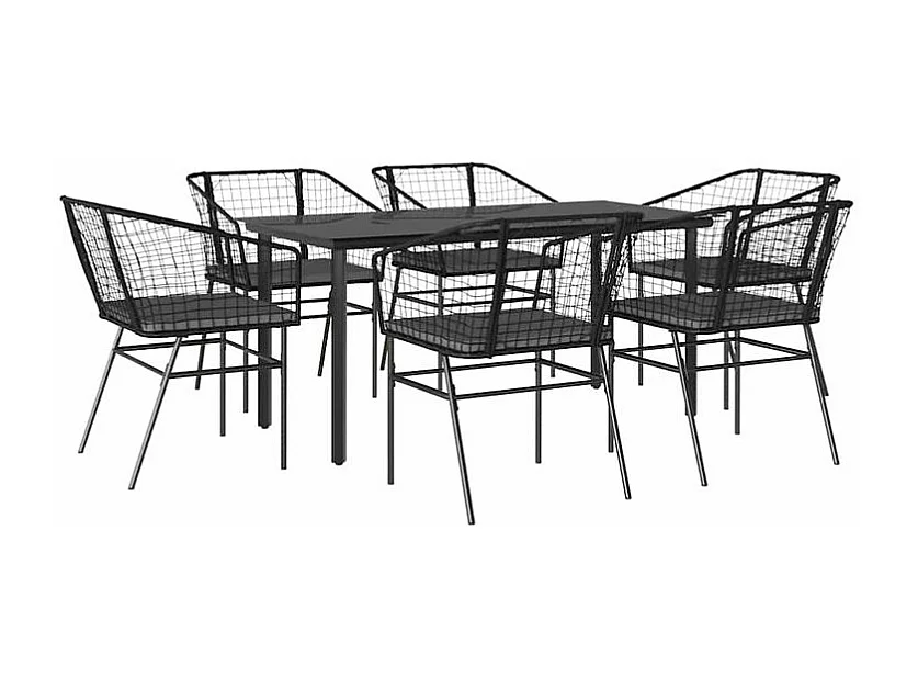 Ensemble à manger de jardin coussins 7pcs noir poly rotin verre