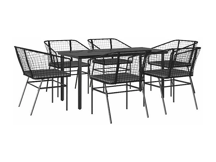 Ensemble à manger de jardin coussins 7pcs noir poly rotin verre