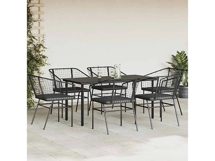 Ensemble à manger de jardin coussins 7pcs noir poly rotin verre