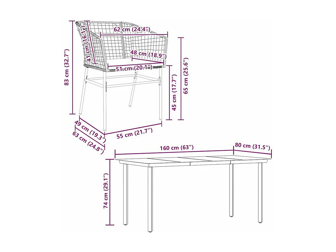 Ensemble à manger de jardin coussins 7pcs noir poly rotin verre