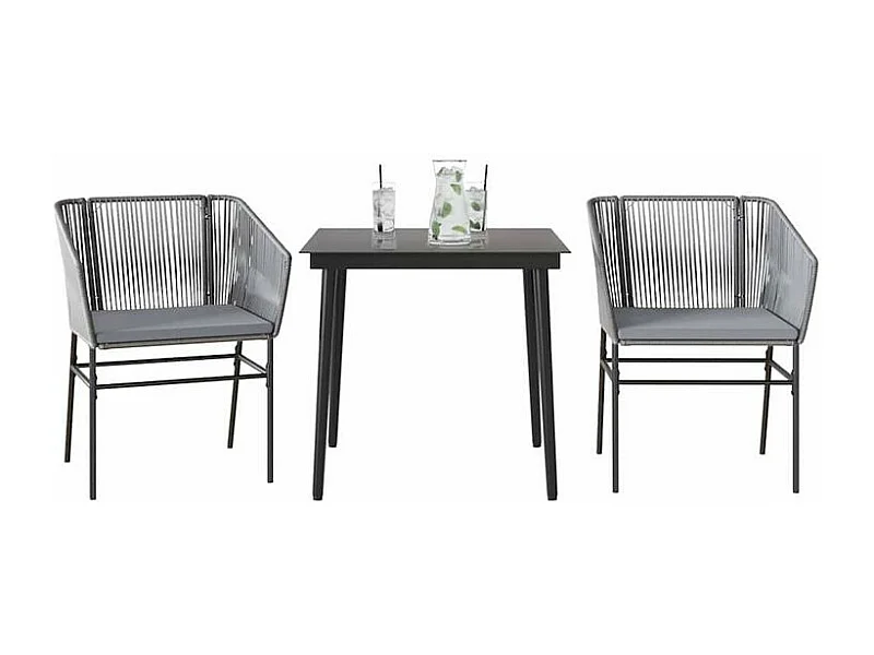 Ensemble à manger jardin coussins 3 pcs gris poly rotin verre