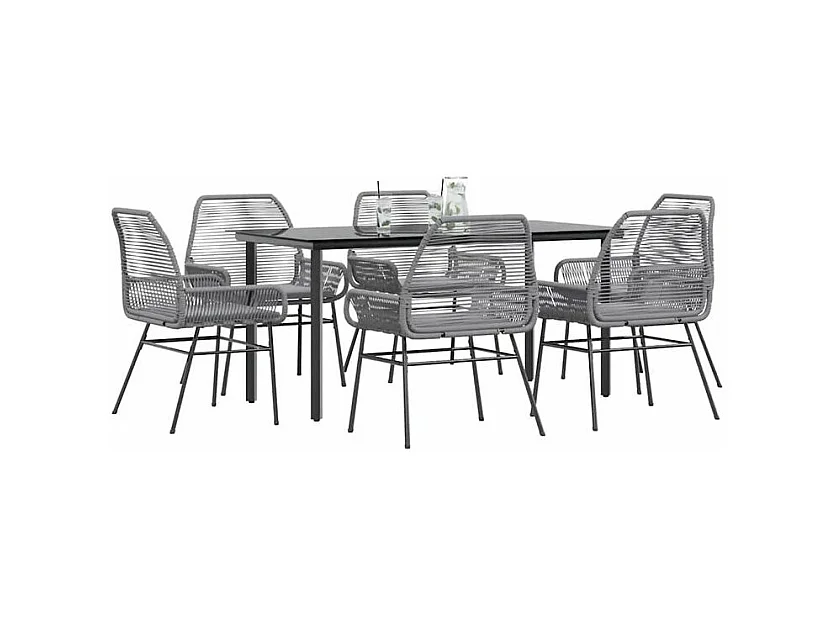 Ensemble à manger jardin coussins 7 pcs gris poly rotin verre