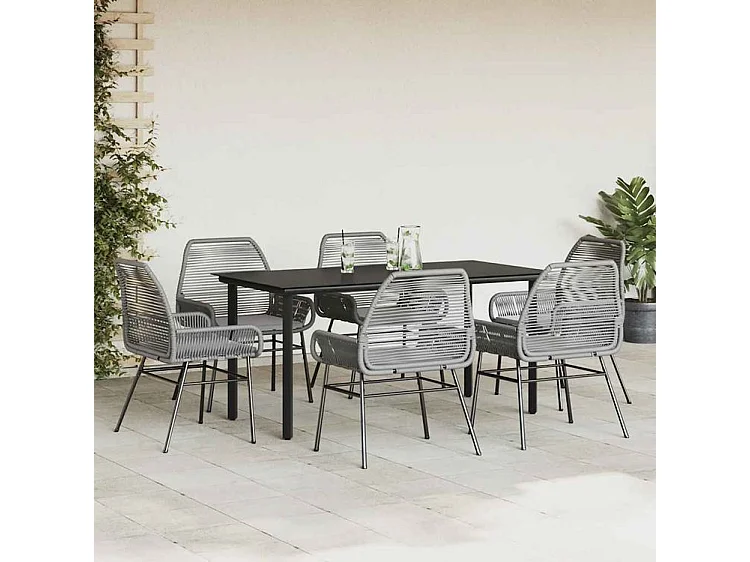 Ensemble à manger jardin coussins 7 pcs gris poly rotin verre