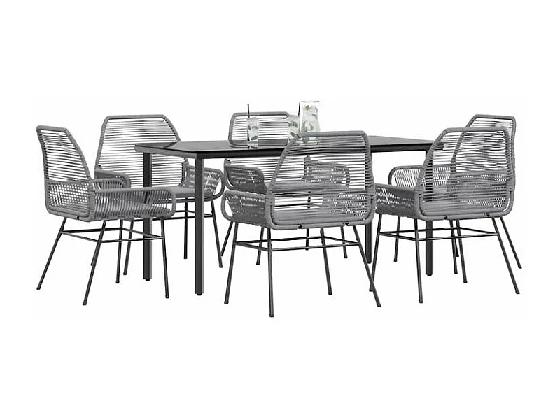 Ensemble à manger jardin coussins 7 pcs gris poly rotin verre