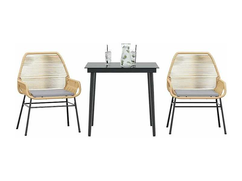 Ensemble à manger jardin coussins 3pcs marron poly rotin verre