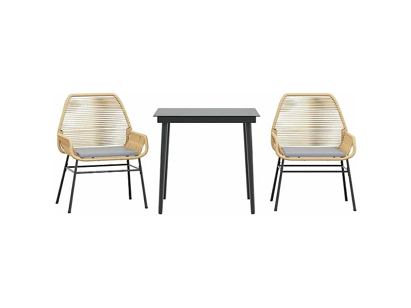 Ensemble à manger jardin coussins 3pcs marron poly rotin verre
