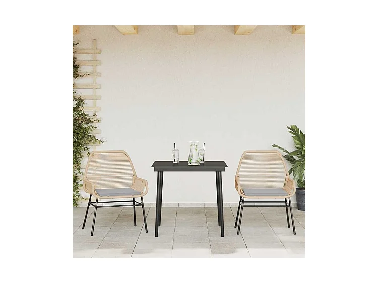 Ensemble à manger jardin coussins 3pcs marron poly rotin verre