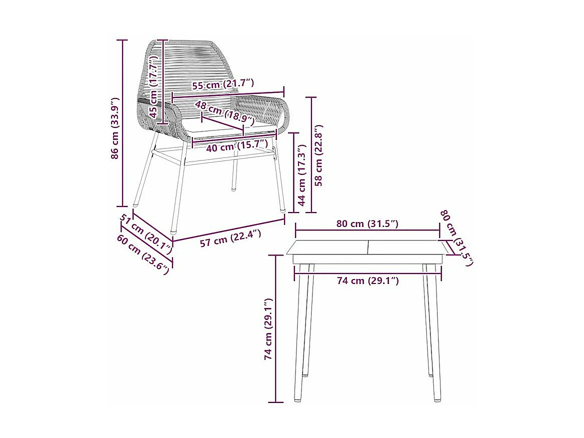 Ensemble à manger jardin coussins 3pcs marron poly rotin verre